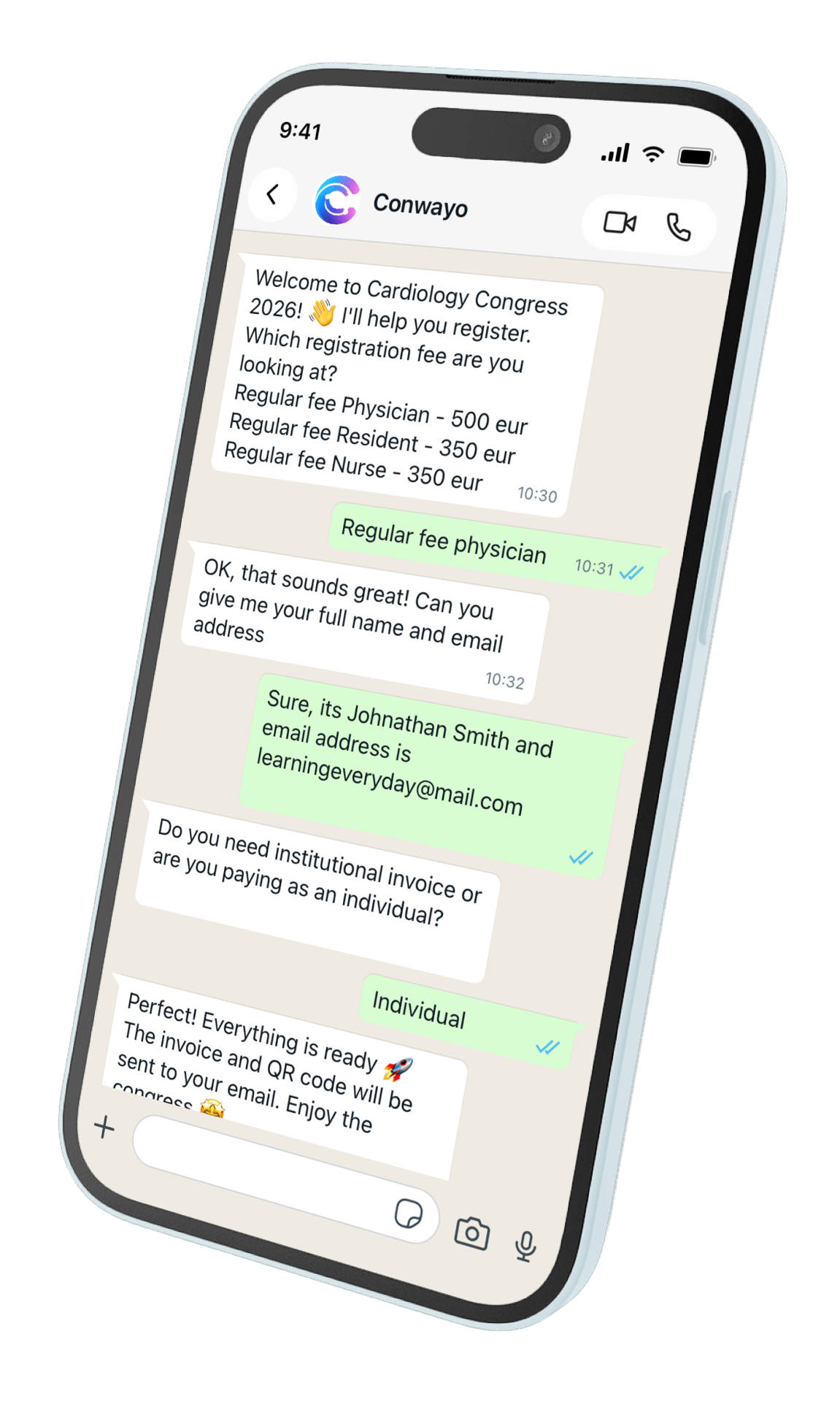 Conwayo WhatsApp registration conversation on a phone